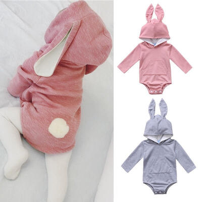 

Infant Baby Girl Boys Hooded Rabbit Ear Romper Cotton Bodysuit Outfits Pink Blue