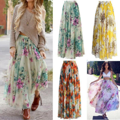 

Womens Floral Jersey Gypsy Boho Long Maxi Full Skirt Party Dress Evening Dresses