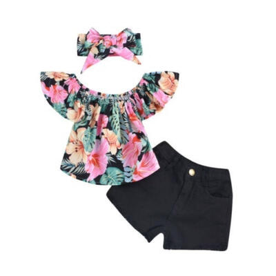 

2019 New Toddler Girls Fashion Outfits Sets Floral Top Denim Shorts Headband Sunsuit