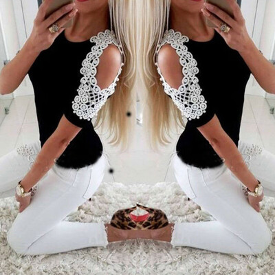 

Womens Pearl Cold Shoulder T-Shirt Tops Short Sleeve Summer Tee Shirts Blouse