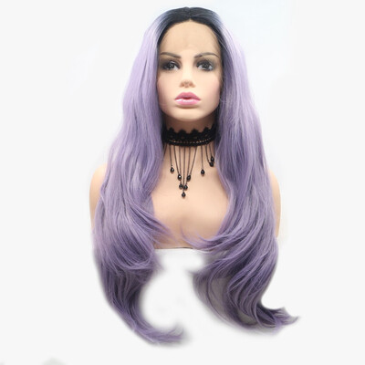 

Amazing Star Lace Frontal Wigs Wavy Hair Ombre Purple Color Half Hand Tied Heat Resistant Fiber Middle Part Synthetic Hair