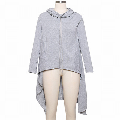 

Gray plain zipper long sleeve loose front short long hooded top