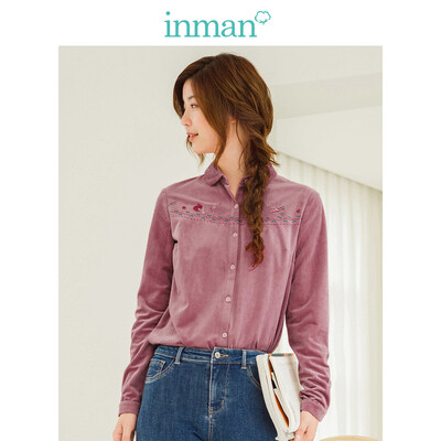 

INMAN 2018 winter new literary fan cute embroidered suede fit long-sleeved shirt shirt female 18840VP11404 dark pink S