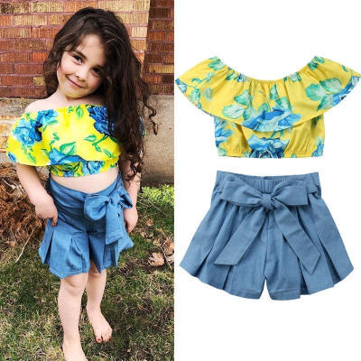 

Toddle Baby Girl Kids Floral Ruffle Off Shoulder Crop Tops ShirtDenim Shorts Jeans 2PCs Summer Outfits