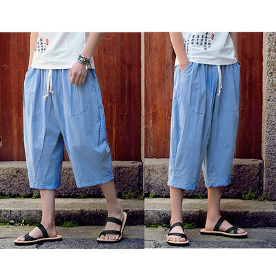 

Mens Casual Loose Drawstring Harem Drop Crotch Linen Trousers Short Beach Pants