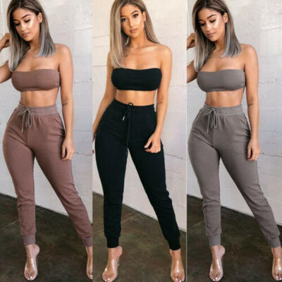 

Womens High Waist Casual Drawstring Elastic Long Pants Ladies Pencil Trousers