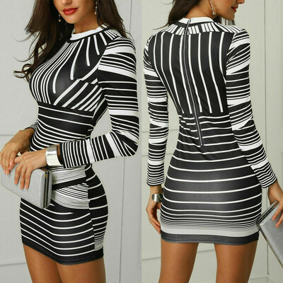 

Sexy Women Bodycon Long Sleeve Stripe Evening Party Cocktail Club Short Dress