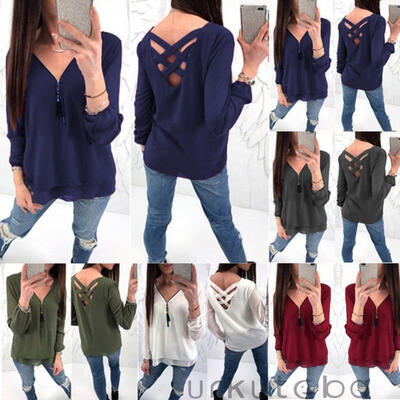 

Women Long Sleeve Loose Tops V-neck Chiffon Casual Zipper Shirt Blouse Plus Size