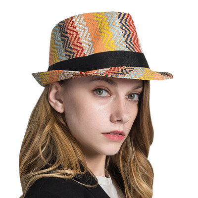 

Colorful Straw Wave Pattern Patchwork Black Band Bowler Jazz Hat