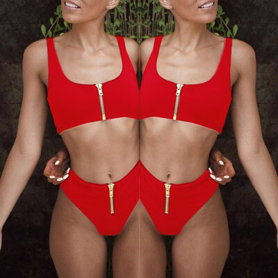 

Sexy Women Bikini Solid Color Spaghetti Strap Swimwear Swimsuit Zipper Push Up Bathing Suit Biquini