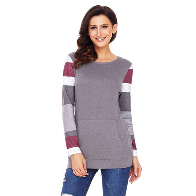 

Round collar long sleeve multicolor striped two pockets pullover casual sports shirt sweatshirt