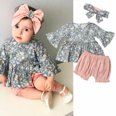 

US Toddler Baby Girls Kid Flower Bell Sleeve Tops Pants Summer Clothes Sets 1-4Y