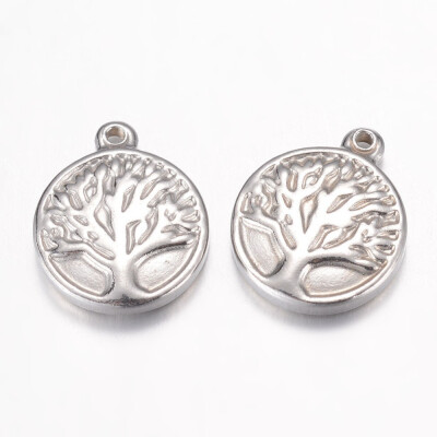 

304 Stainless Steel Charms Flat Round with Tree Stainless Steel Color 155x13x3mm Hole 1mm