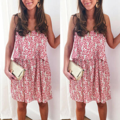 

Womens Boho Floral Strappy Summer Party Evening Beach Short Mini Dress Sundress