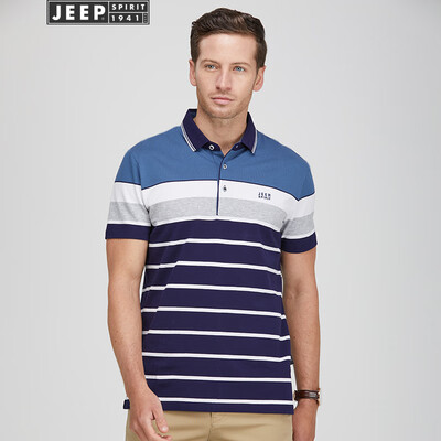 

Jeep short-sleeved mens striped casual POLO shirt youth mens cotton lapel T-shirt 2019 summer new product 8918 blue 3XL