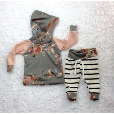 

2018 Fashion Newborn Baby Girls Flower Hooded Tops Striped Pants Leggings Outfits Clothes Set