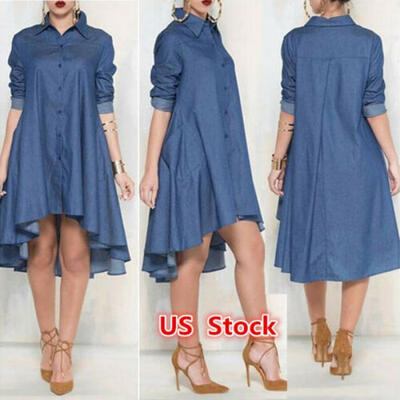 

Womens Blue Jeans Denim Pocket Short Sleeve T-shirt Loose Shirt Mini Dress US