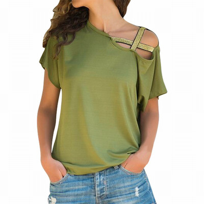 

Solid color oblique collar short sleeve hollow cross casual slimming shirt