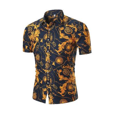 

NEW Men Floral Blouse Short Sleeve Shirt Print Button Front Business Formal Tops