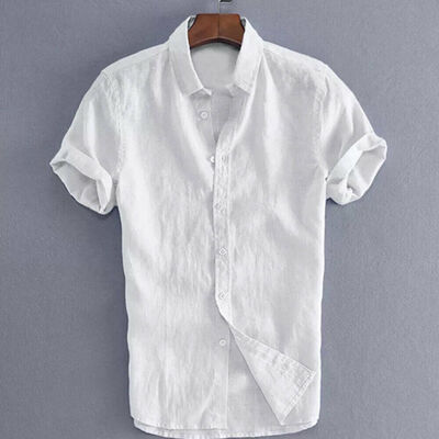 

Mens Linen Short Sleeve Summer Solid Shirts Casual Loose Dress Soft Tops Tee