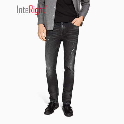 

INTERIGHT jeans mens trend Slim hole punk style fashion jeans dark gray 30 yards