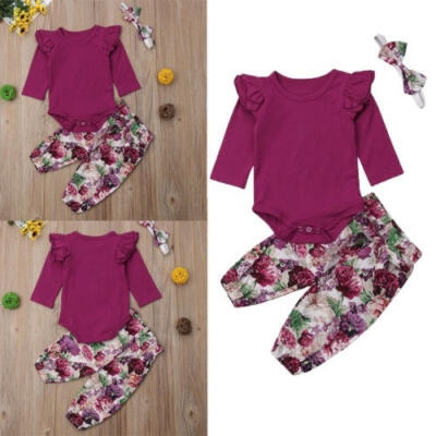 

3PCS Newborn Baby Girl Kid Long Sleeve Tops Romper Floral Pants Headband Outfits Set Clothes