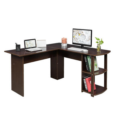 

Shaped Home Office Wood Corner Desk Computer Desk Laptop Workstation with 2-layer Bookshelves Brown