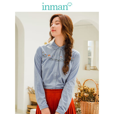 

INMAN 2018 winter new literary fan cute embroidered suede fit long-sleeved shirt shirt female 18840VP11404 shallow blue L