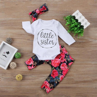 

Fashion Newborn Toddler Baby Girls Clothes Sets Tops Long Sleeve Romper Flower Pants Headbands Cotton 3Pcs Outfits Clothing Se