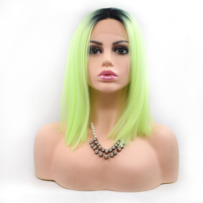 

Amazing Star Lace Frontal Bob Wigs Straight Hair Green Color Heat Resistant Half Hand Tied Middle Part Synthetic Hair