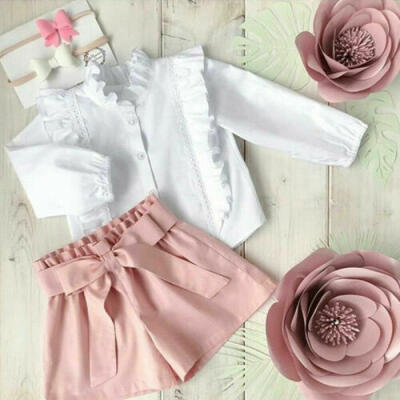 

2PCS Toddler Kids Baby Girl Ruffle Long Sleeve Shirt Short Pants Outfits Clothes