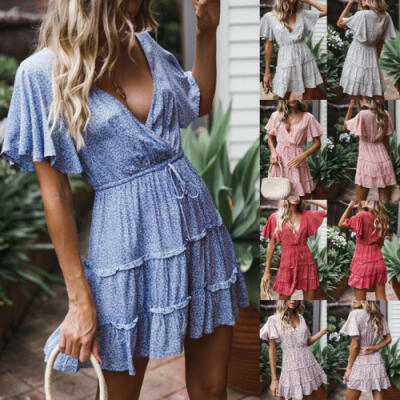 

Women Short Sleeve Boho Floral Mini Dress Summer Cocktail Party Sundress Hoilday