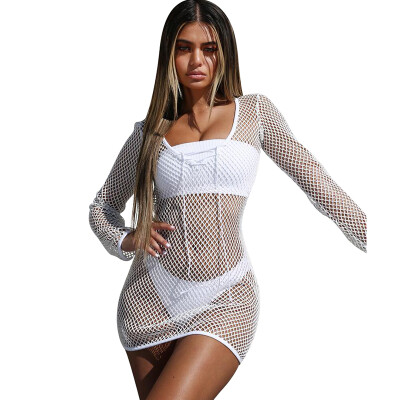 

Sexy Women Bikini Cover Up Fishnet Hollow Out Lace-Up Front Long Sleeve Swimsuit Coverups Beach Mini Dress WhiteBlack