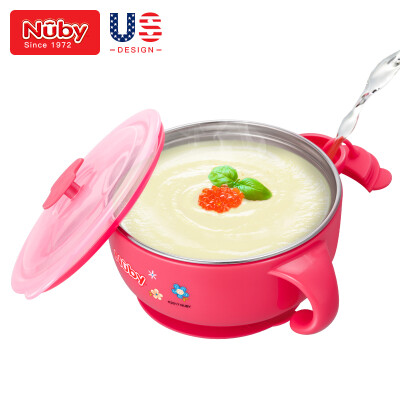 

Nuby childrens cutlery set stainless steel water insulation bowl newborn baby anti-fall training sucker bowl infant food supplement bowl pink - rabbit American brand