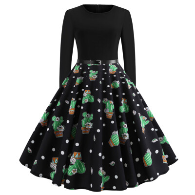 

Round Collar Long Sleeves Cactus Printed Women A-line Vintage Dress