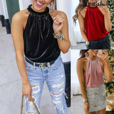 

Women Velvet Halter Neck Crop Top Sleeveless Ladies Blouse Backless Shirt