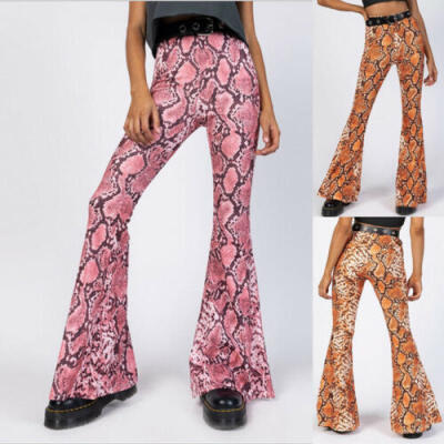 

US STOCK Women Casual Clubwear Party Snake Print Bell-bottom Long Trousers Pants