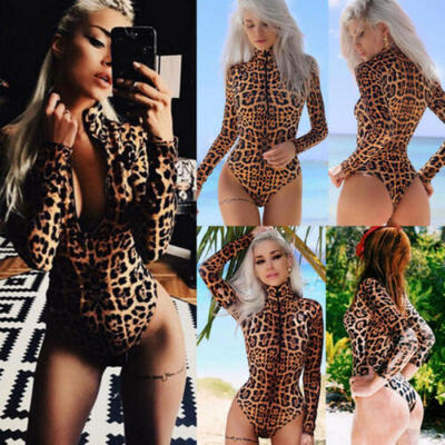 

Women Turtleneck Long Sleeve Leopard Stretch Leotard Bodysuit Romper Top Blouse
