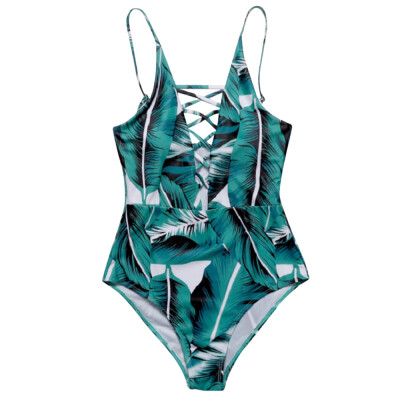 

Spaghetti Strap Criss-cross Padded Backless Leaf Print Women Swimsuit