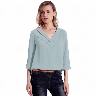 

Shirt womens long-sleeved versatile loose tooling solid color V-neck shirt