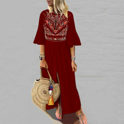 

Women Cotton Linen Maxi Dress Short Sleeve Casual Boho Kaftan Tunic Plus Size