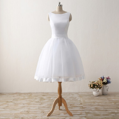 

Cheap Short Beach Wedding Dresses 2017 Backless Women Knee Length Organza Satin Formal Bridal Party Gowns White Dress With Bow