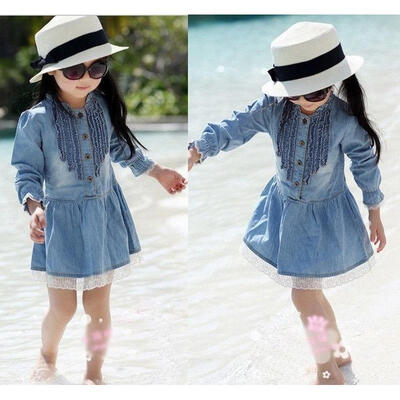 

Girl Kids 2-8Y Denim Blue Beautiful Lace Cowboy Clothes Long Sleeve Dress PXL154