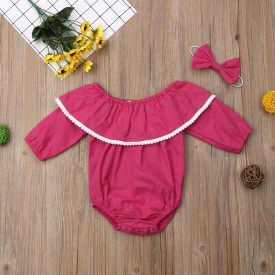 

2PCS Newborn Infant Baby Girls Solid Off Shoulder Romper Headband Outfit Set