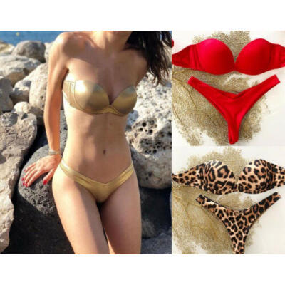 

US Women Leopard Print Padded Bra Bikini Set Swimsuit Bandage Push-up Swimwear