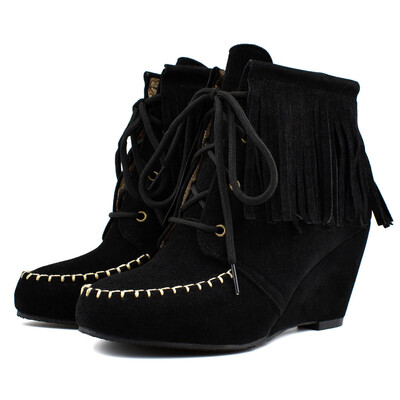

Rose Womens Wedges Short Boots Large Size Fringed Csual Shoes Lace-Up Ankle Booties