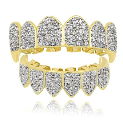 

Hip Hop Teeth Grillz Golden Silvery Plated Iced out Grillz Custom Simulated Diamond Teeth Cap Top & Bottom Grillz Caps