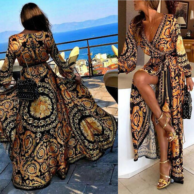 

Boho Style Long Dress Womens Sexy V-neck Beach Summer Printed Floral Maxi Dress