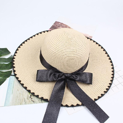 

Women Sun Straw Hat Contrast Bowknot Wide Large Brim Foldable Floppy Casual Summer Beach Cap