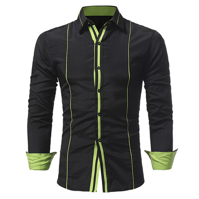 

New Personalized Striped Lace Men\s Casual Slim Long-Sleeve Shirt